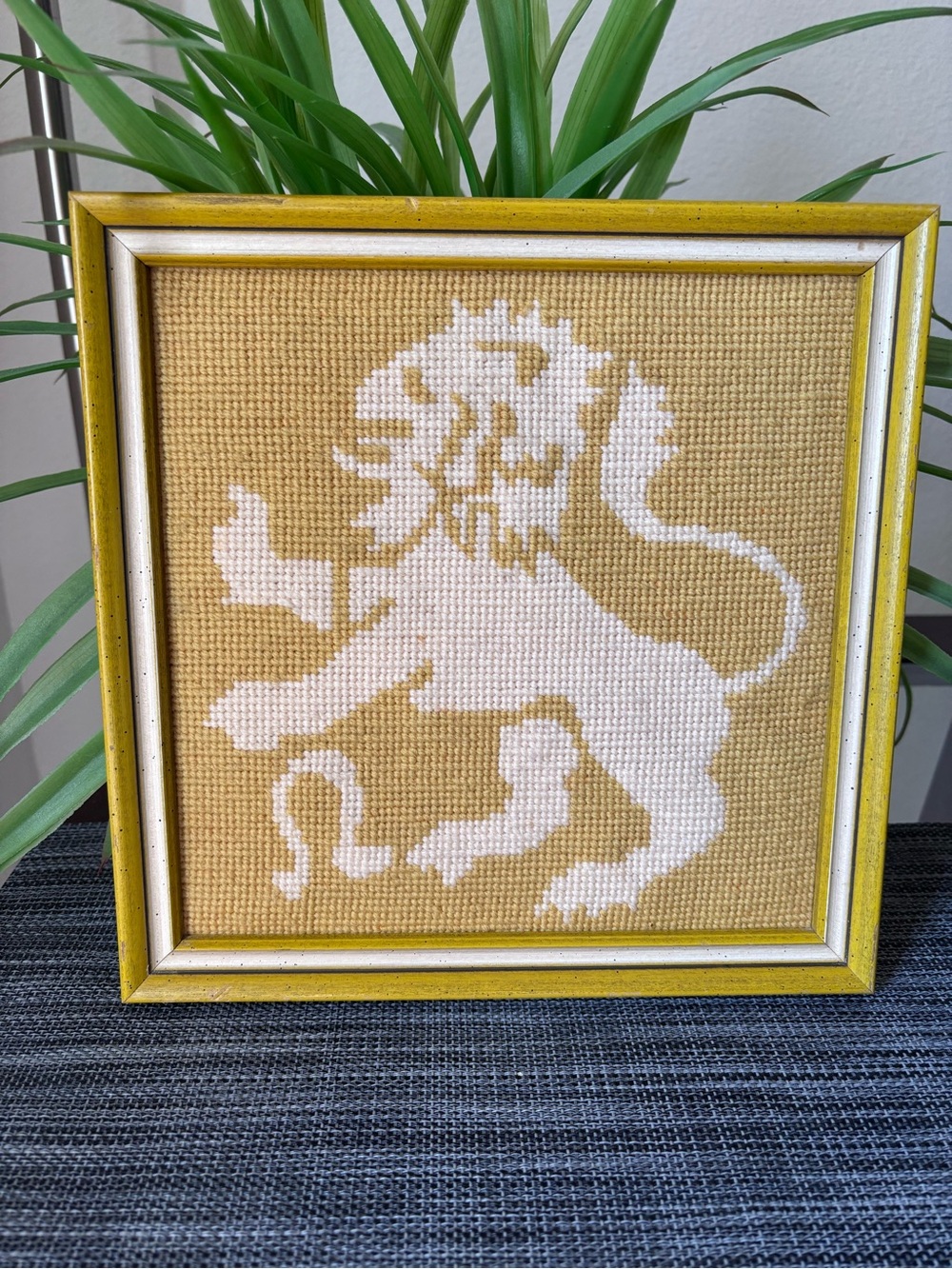 Handmade Lion Cross-Stitch Wall Art - White on Mustard